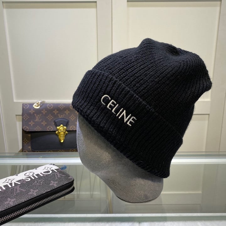 Celine Lettering Logo Beanie Ribbed Wool In Black