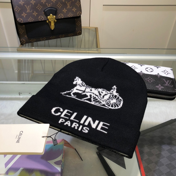 Celine Paris Monogram Logo Beanie Wool Knit Black