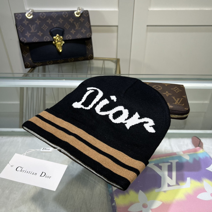 Dior Lettering And Stripe Trim Beanie Wool Knit In Black