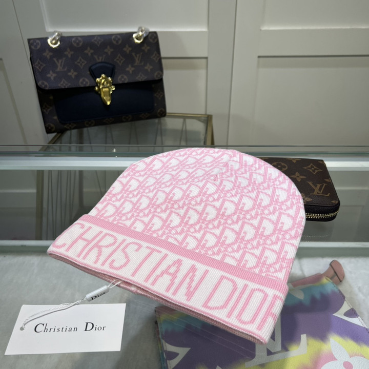 Dior Oblique Motif Beanie Wool Knit In Pink And White