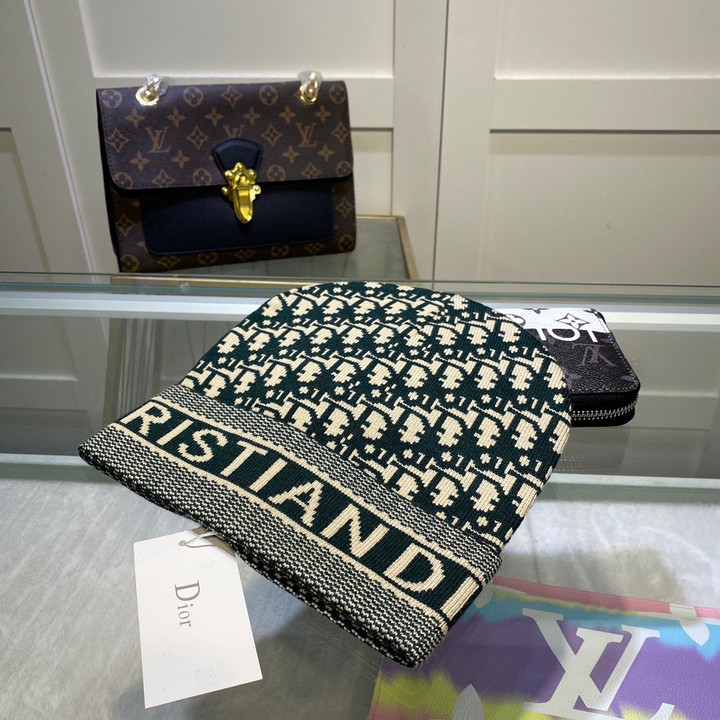 Christian Dior Band And Oblique Motif Beanie Wool Knit In Green/Beige