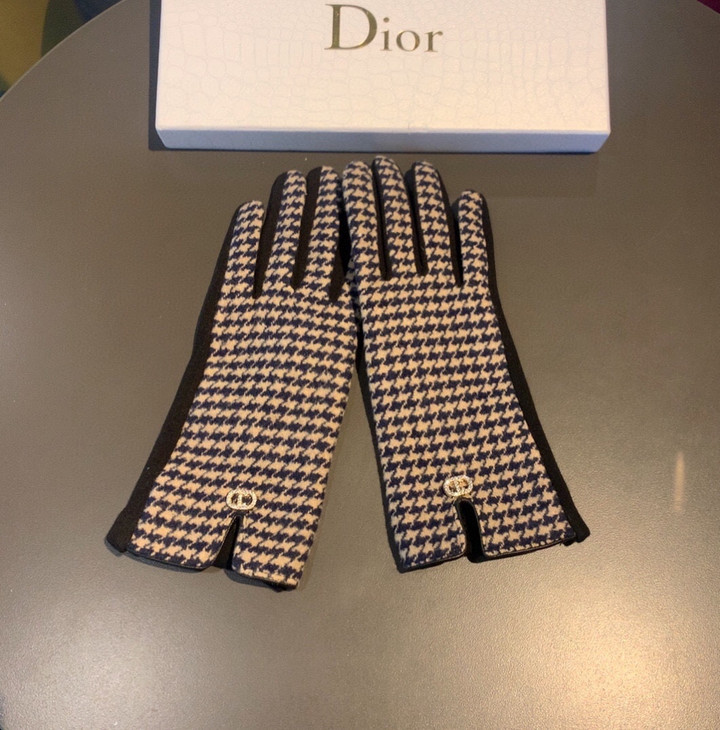 Dior Houndstooth Motif Wool Gloves In Blue/Beige