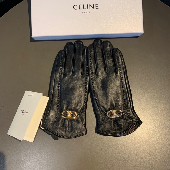 Celine Black Leather Full Finger Gloves With Maillon Triomphe Logo Hardware