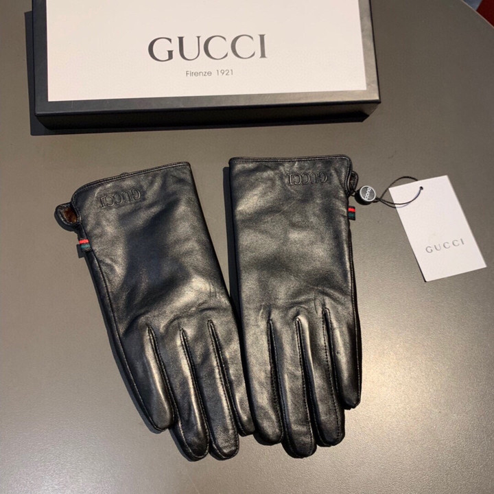 Gucci Black Leather Full Finger Gloves With Gucci Text Pattern