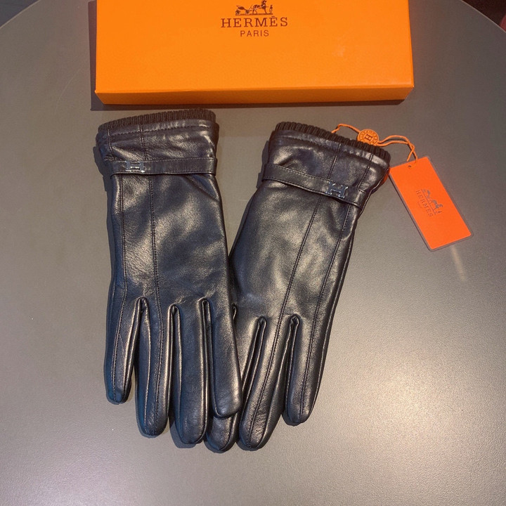 Hermes Wool Lined Black Leather Full Finger Gloves