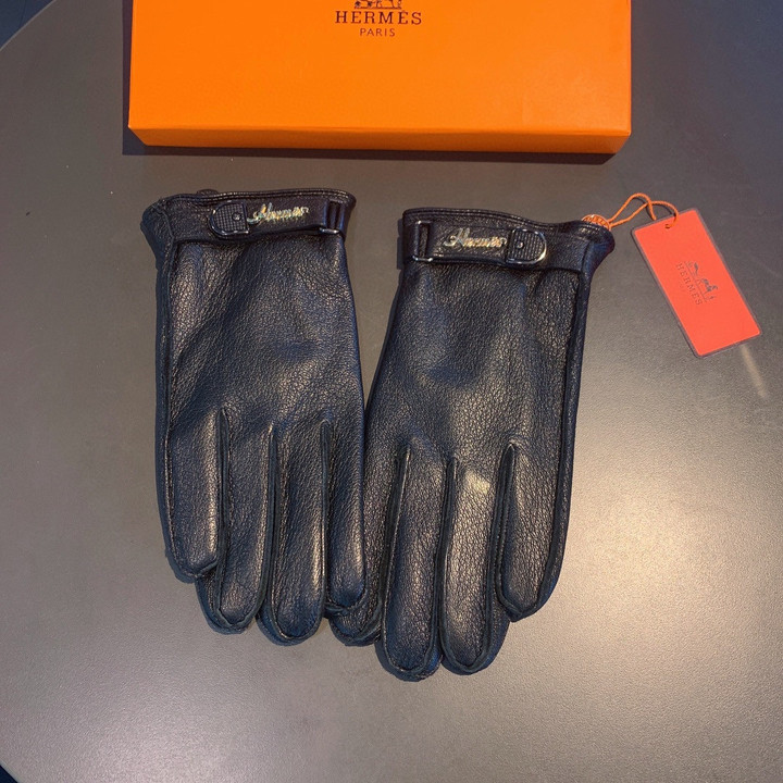 Hermes Black Leather Full Finger Gloves With Hermes Text Hardware