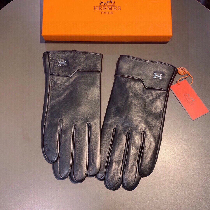 Hermes Black Leather H Logo Full Finger Gloves