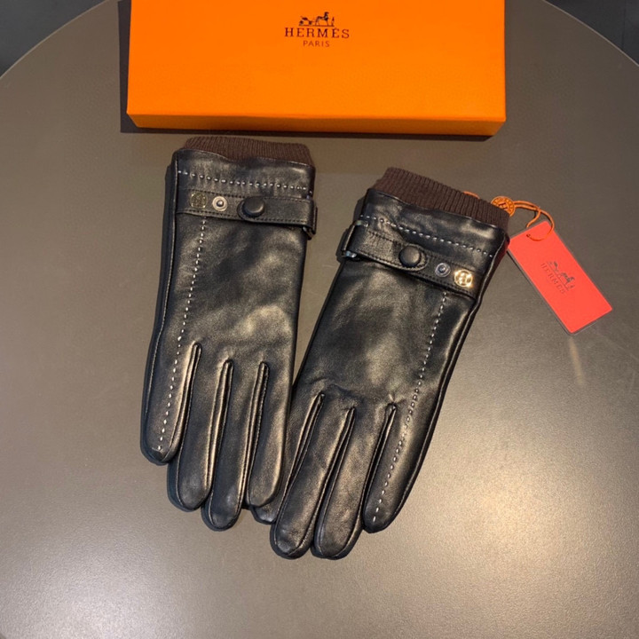 Hermes Brown Wool Line Black Leather Full Finger Gloves With Strap