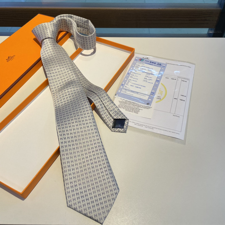 Hermes Faconnee H Biocolore Silk Necktie Cravatta In Gray White