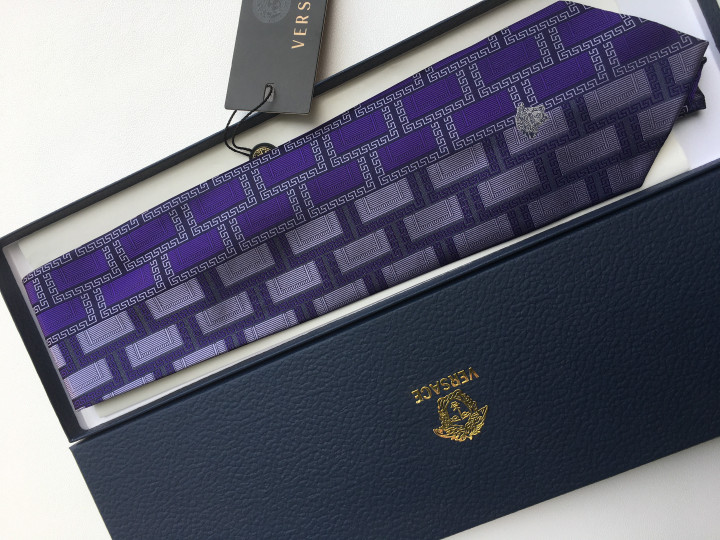 Versace Greca And Brick Pattern Necktie Caravatta In Purple