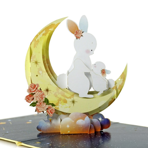 3D pop-up greeting card for Mom with happy family Rabbit and her baby