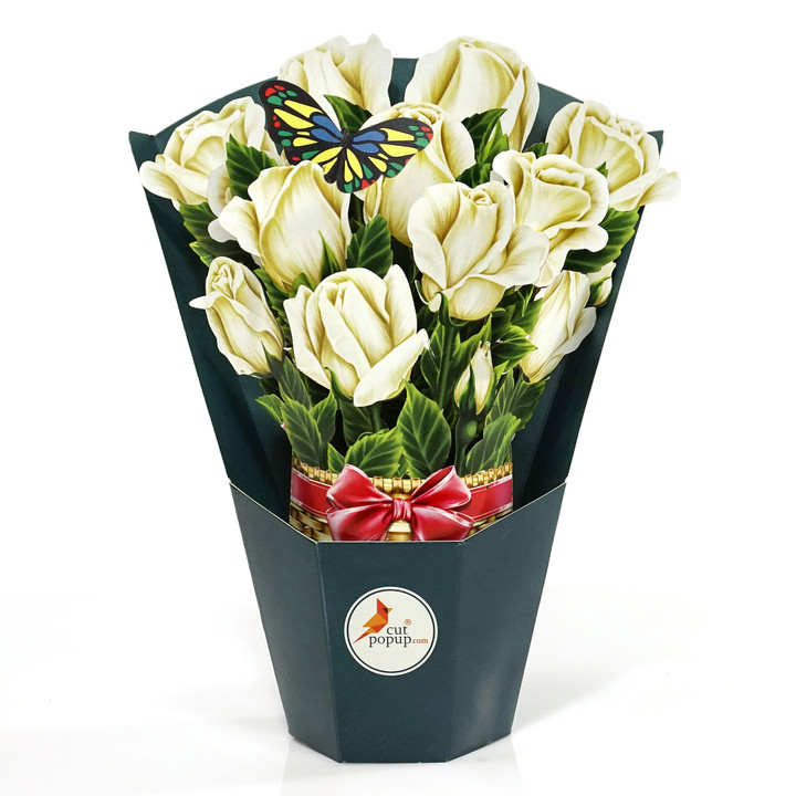 White Roses Bouquet Paper 3D Pop-up Cards