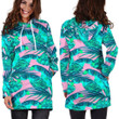 Pink Teal Tropical Leaf Pattern Print Hoodie Dress