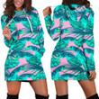 Pink Teal Tropical Leaf Pattern Print Hoodie Dress