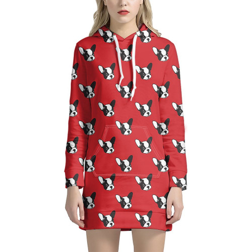 Red French Bulldog Pattern Print Hoodie Dress