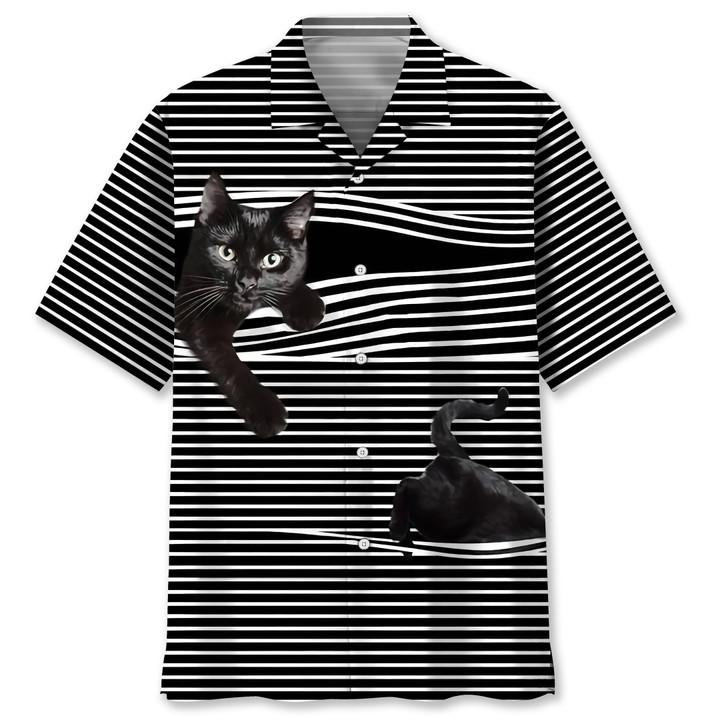 Black cat black and white stripes pattern hawaii shirt