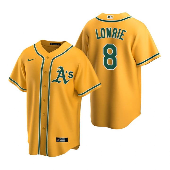 Mens Athletics Jed #8 Lowrie Gold Alternate Jersey Gift For Athletics Fans