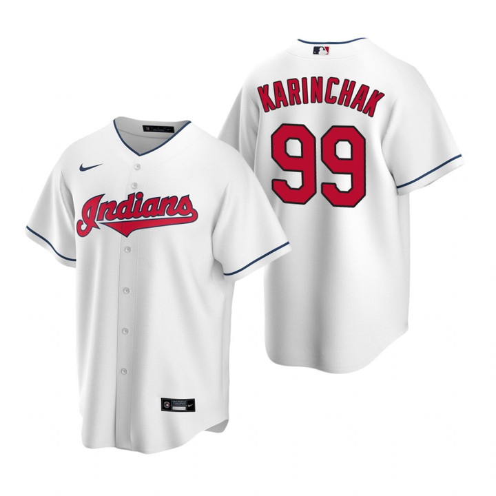 Mens Cleveland Baseball #99 James Karinchak 2020 Home White Jersey Gift For Cleveland Baseball Fans