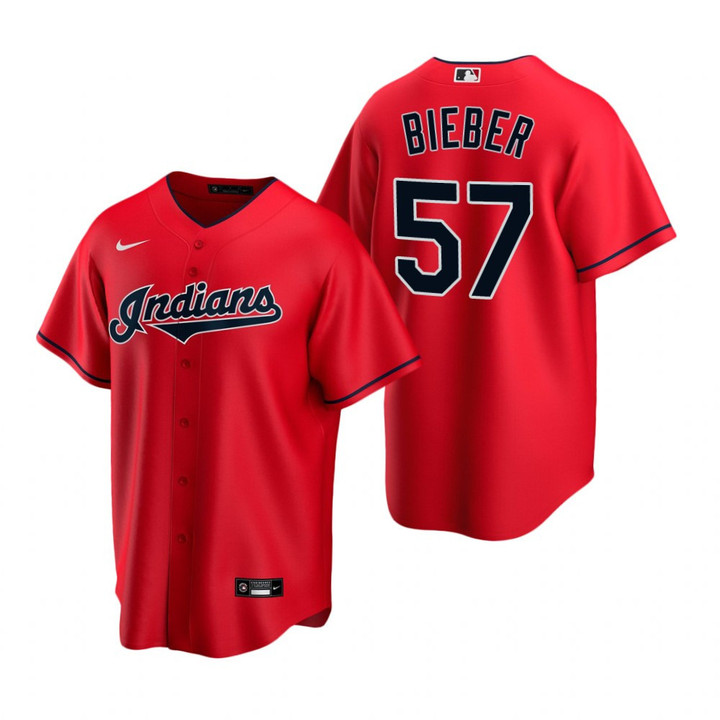 Mens Cleveland Baseball #57 Shane Bieber 2020 Alternate Red Jersey Gift For Cleveland Baseball Fans