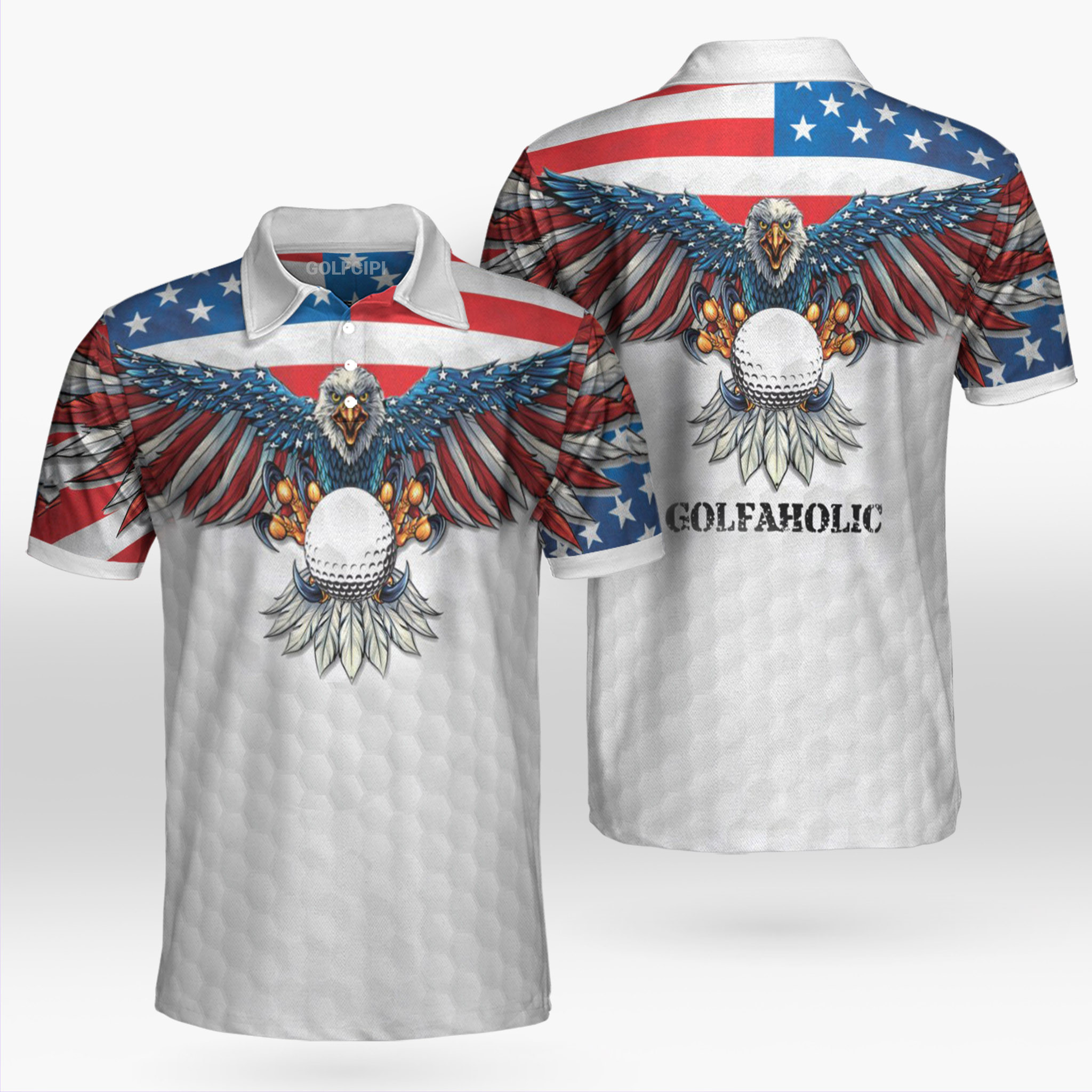 Golfaholic Eagle American Flag Golf Shirt Golf Shirts Short Sleeve Pol ...