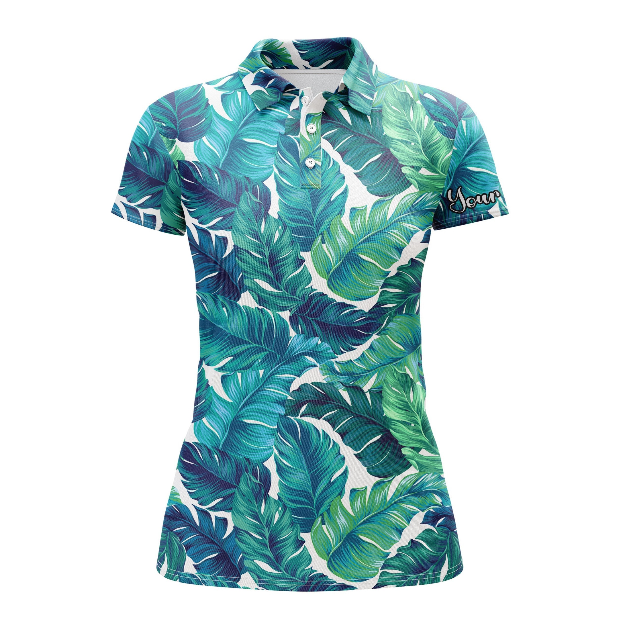 Women Golf Polo Shirt Turquoise And Green Tropical Leaves Custom Team ...