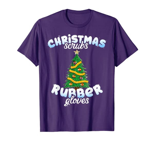 Christmas Scrubs Rubber Gloves Scrub Top Cute Tree Lights T-Shirt