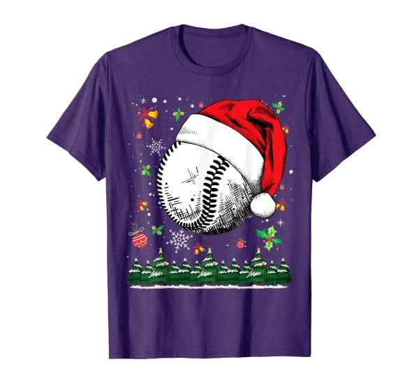 Christmas Baseball Ball Santa Hat Funny Sport Xmas Boys Men T-Shirt