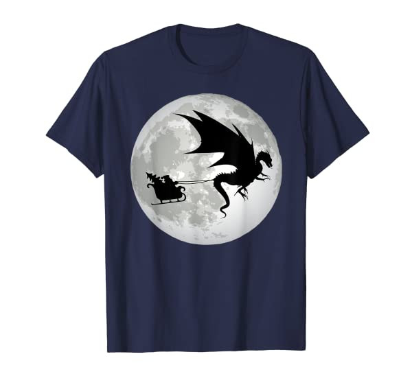 Christmas Santa Claus Flying past the Moon w/ Dragon Design T-Shirt