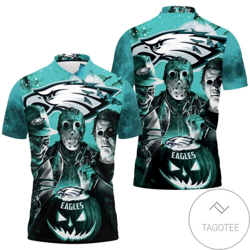 Mens & Womens Freddy Jason Michael Myers Loves Philadelphia Eagles Pumpkin Head Halloween 3d All Over Print Polo Shirt