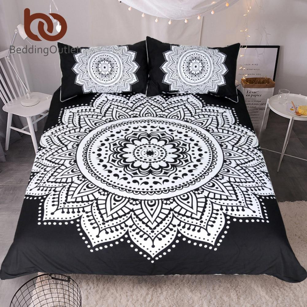 Mandala Print Floral Pattern Black And White Duvet Cover Bedding Set ...