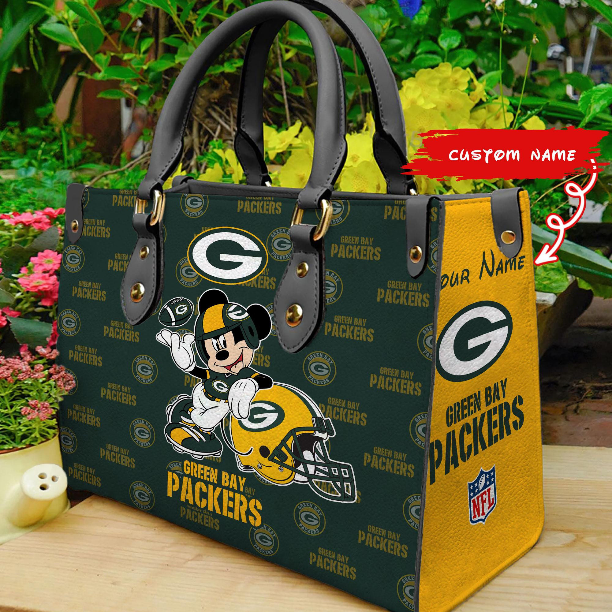 Green Bay Packers Mickey Women Custom Name Leather Hand Bag M1