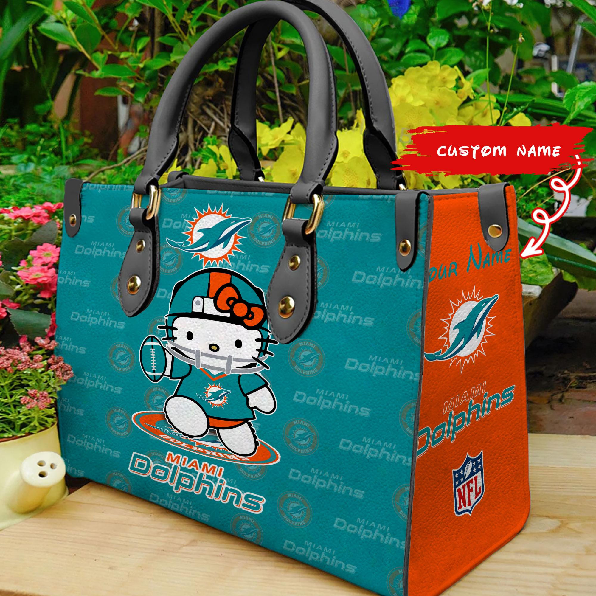 Miami Dolphins Kitty Women Custom Name Leather Hand Bag M1