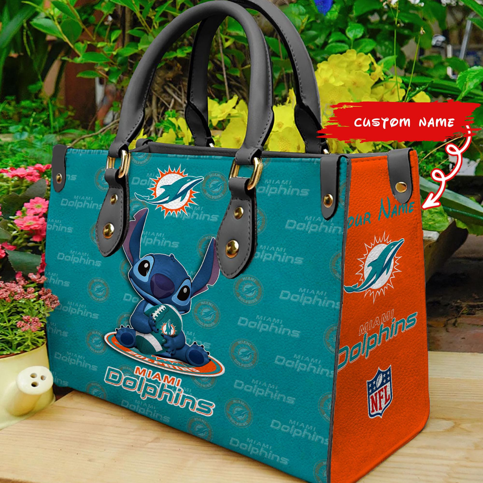 Miami Dolphins Stitch Women Custom Name Leather Hand Bag M1