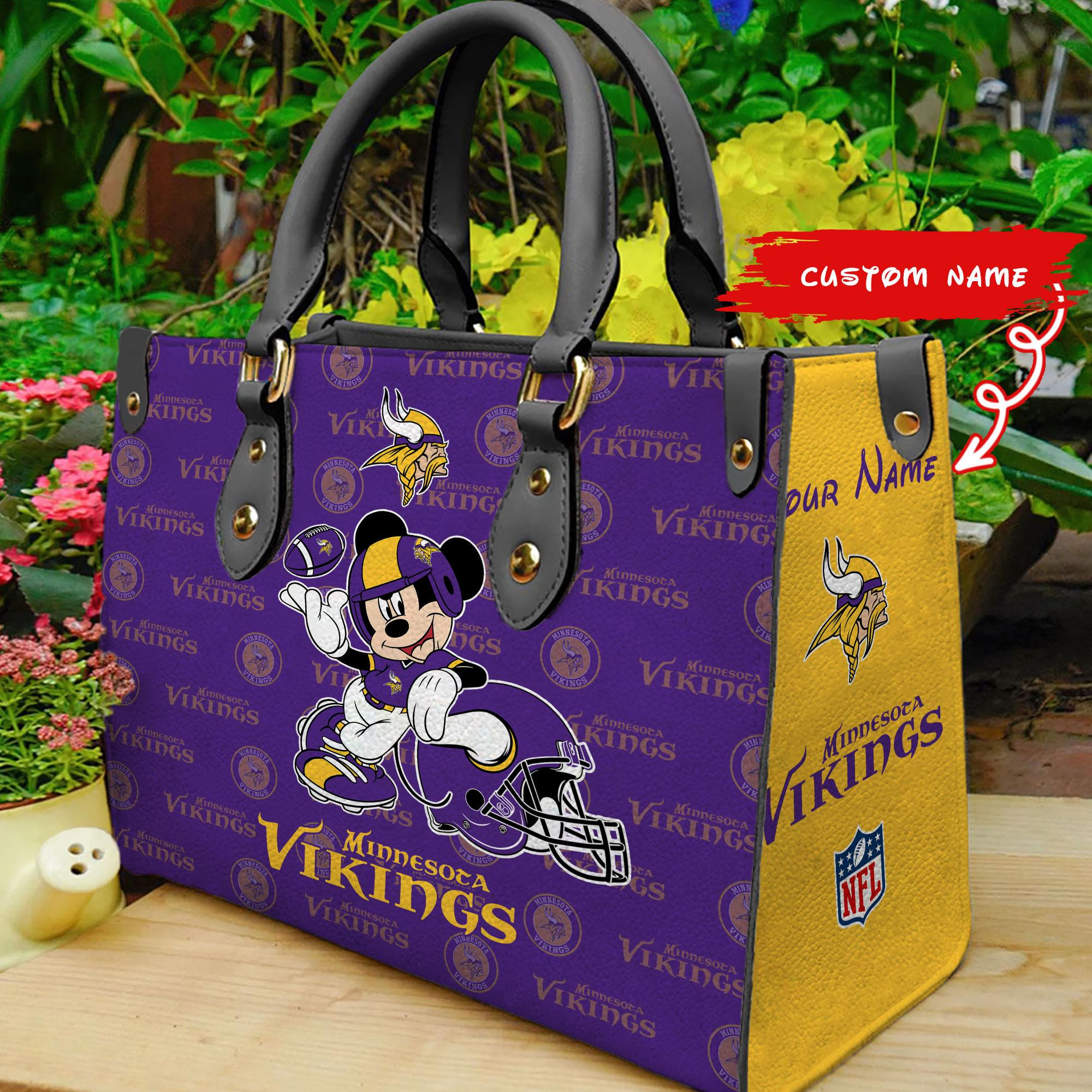 Minnesota Vikings Mickey Women Custom Name Leather Hand Bag M1