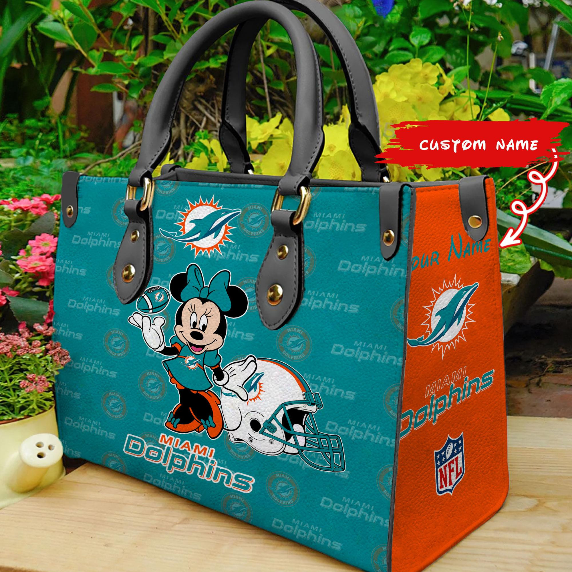 Miami Dolphins Minnie Women Custom Name Leather Hand Bag M1