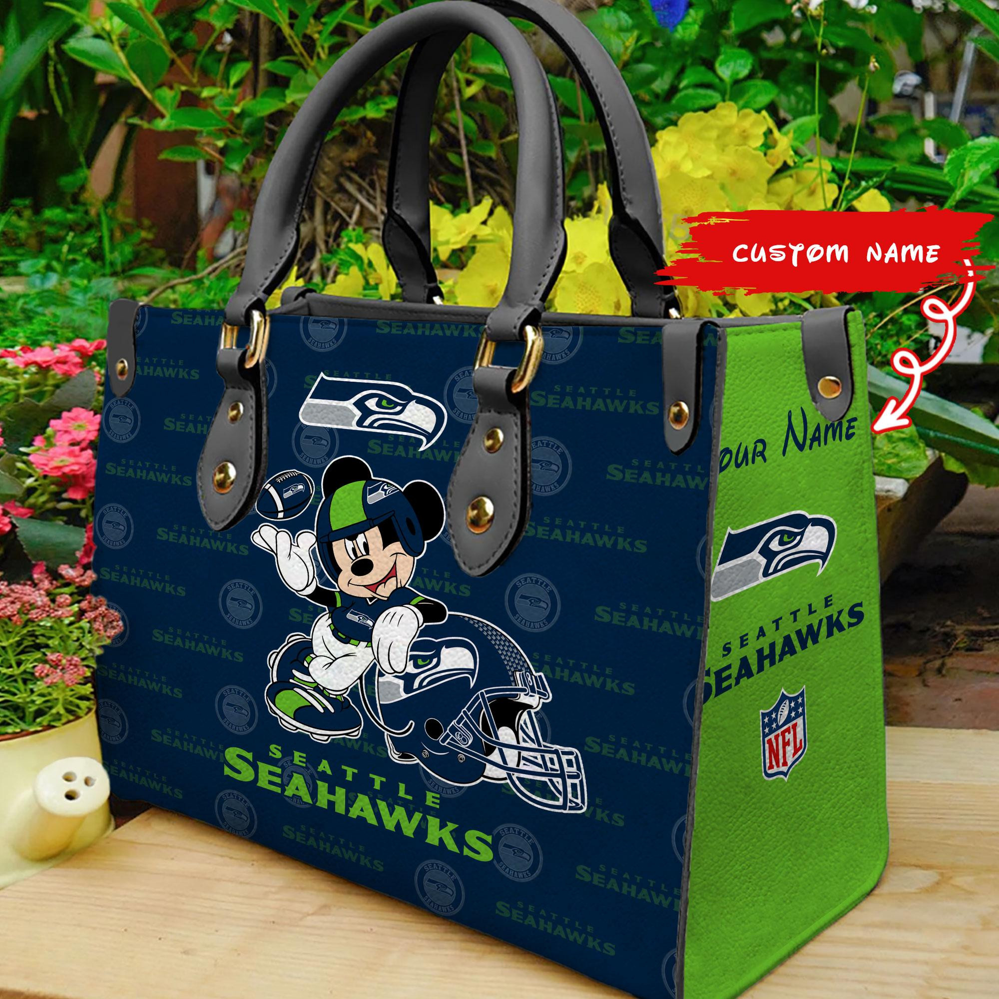 Seattle Seahawks Mickey Women Custom Name Leather Hand Bag M1