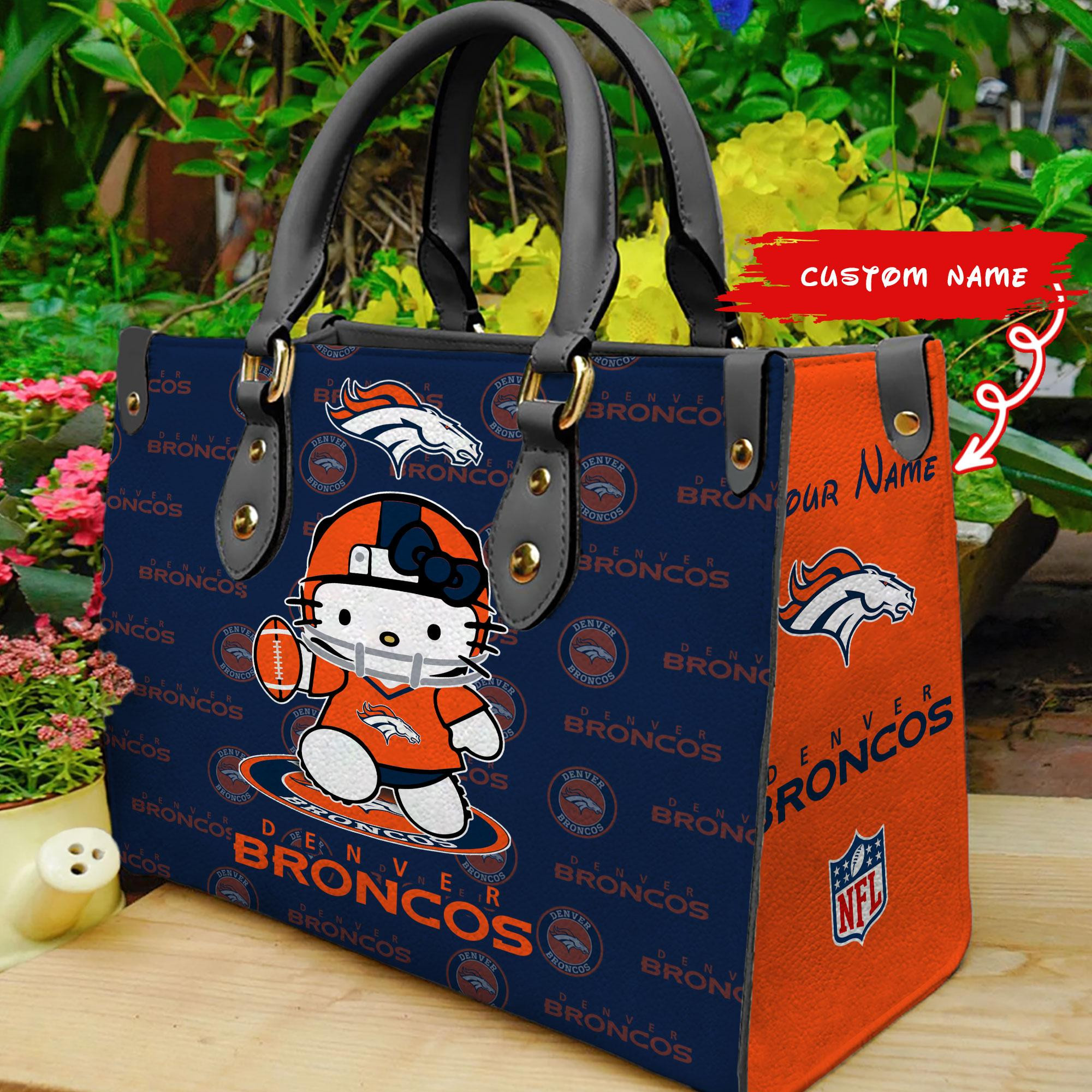 Denver Broncos Kitty Women Custom Name Leather Hand Bag M1