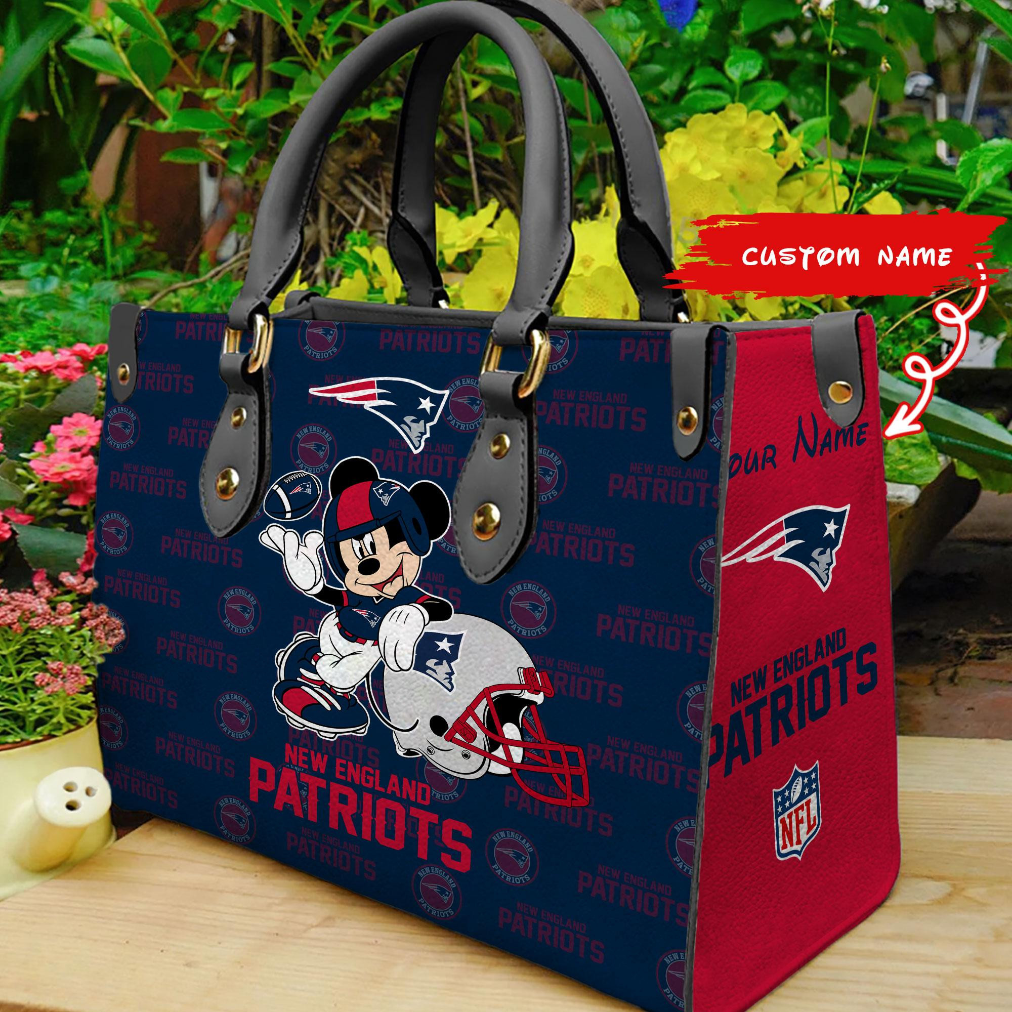 New England Patriots Mickey Women Custom Name Leather Hand Bag M1