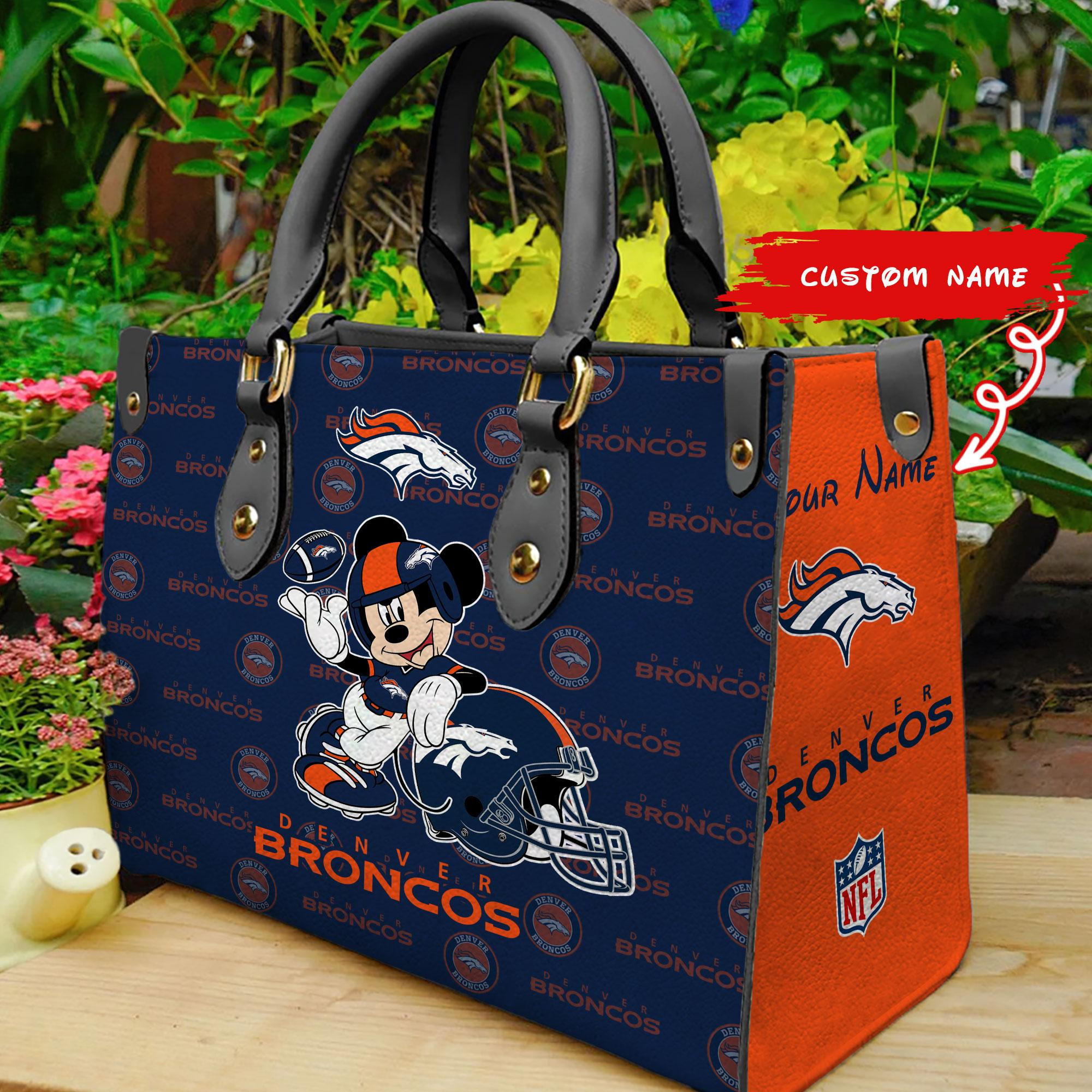 Denver Broncos Mickey Women Custom Name Leather Hand Bag M1