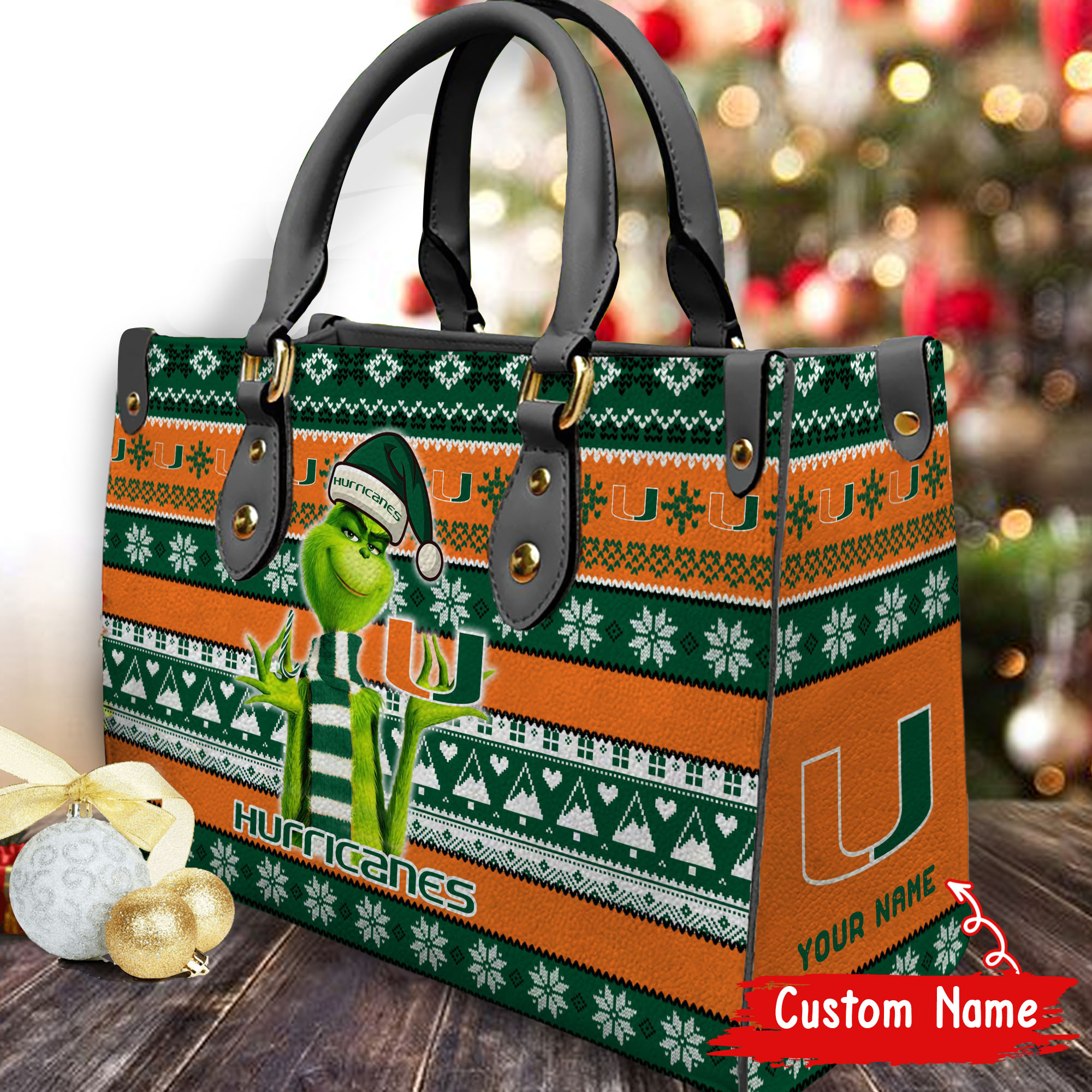 Miami Hurricanes Grinch Christmas Women Leather Hand Bag
