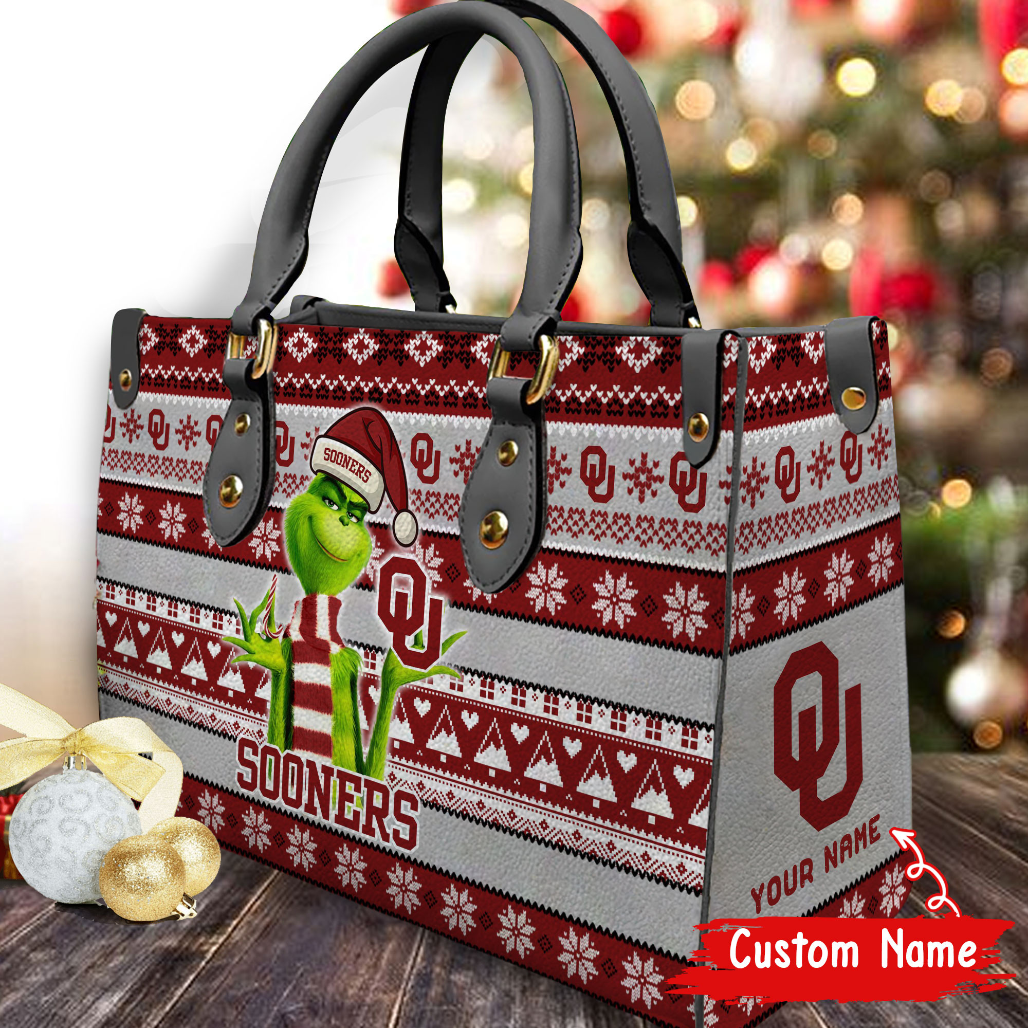 Oklahoma Sooners Grinch Christmas Women Leather Hand Bag