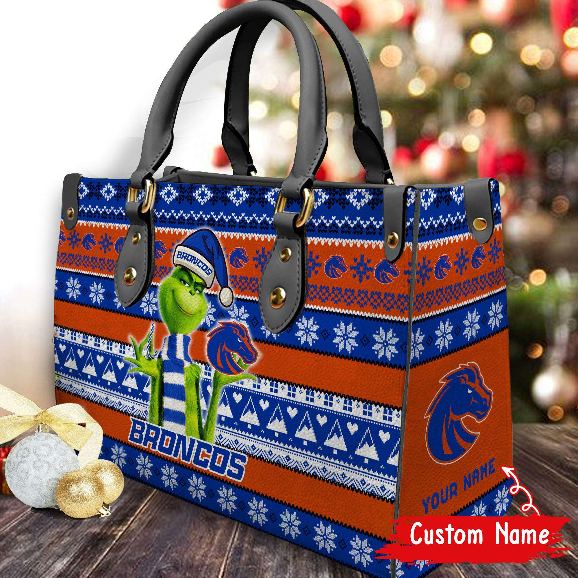 Boise State Broncos Grinch Christmas Women Leather Hand Bag