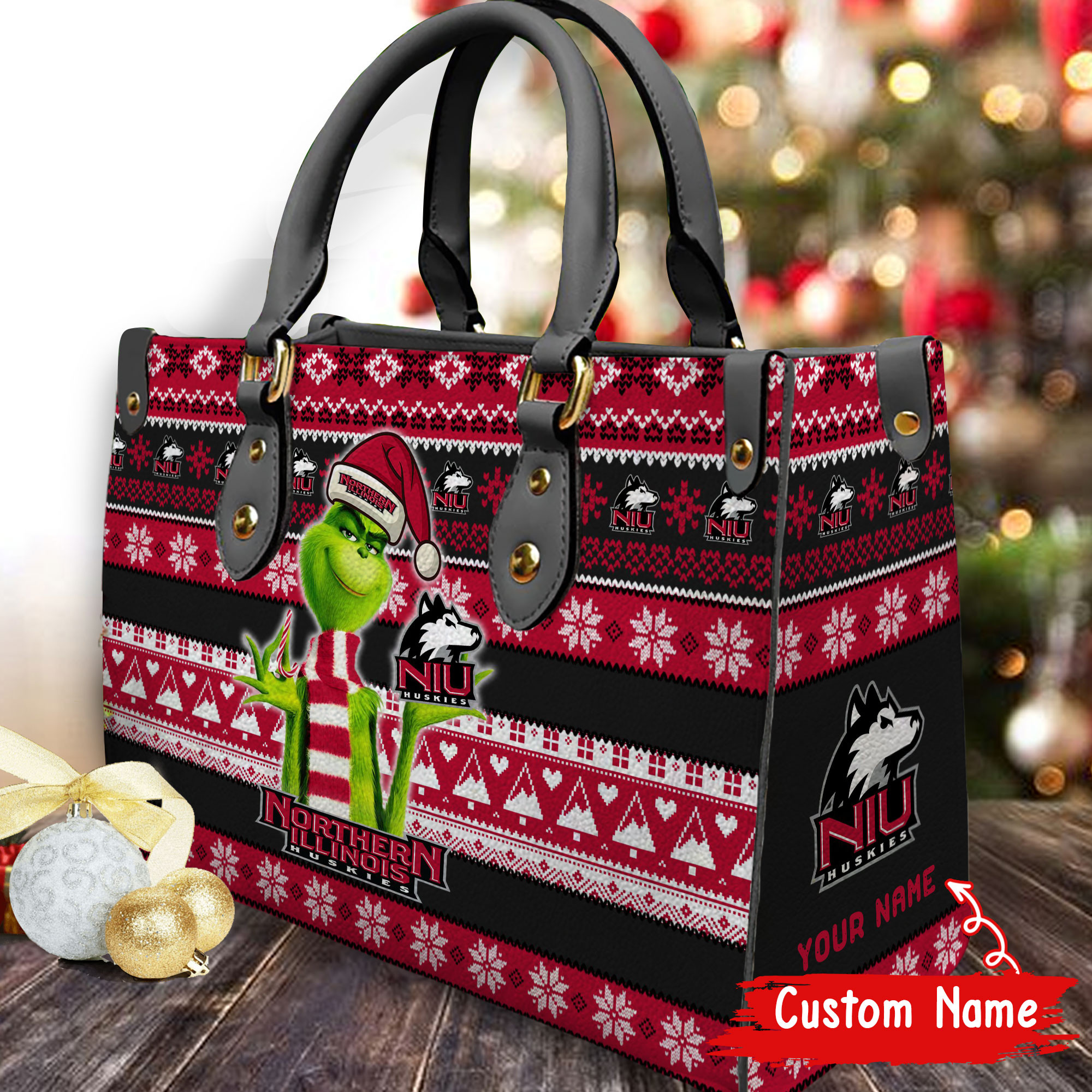 Northern Illinois Huskies Grinch Christmas Women Leather Hand Bag