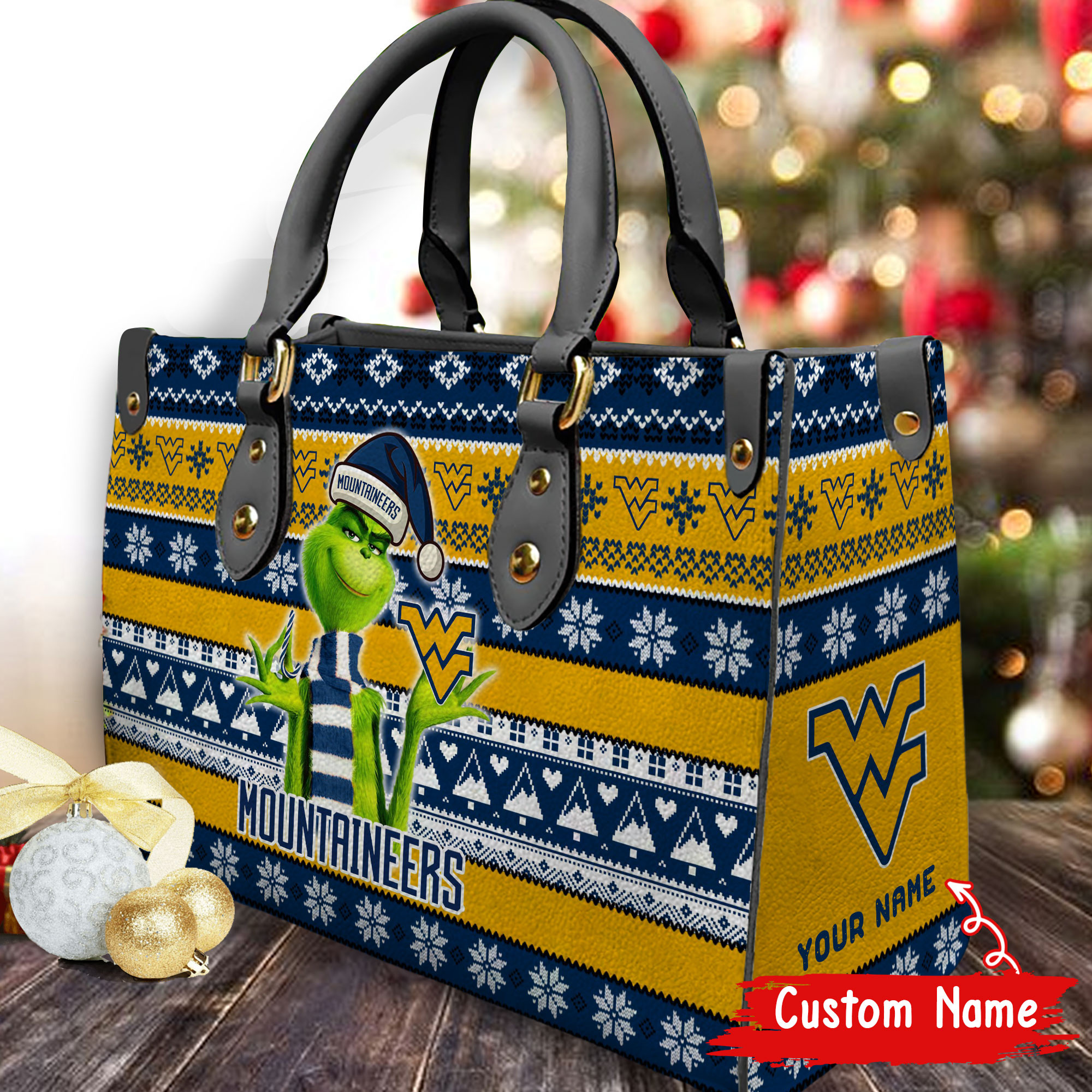West Virginia Mountaineers Grinch Christmas Women Leather Hand Bag
