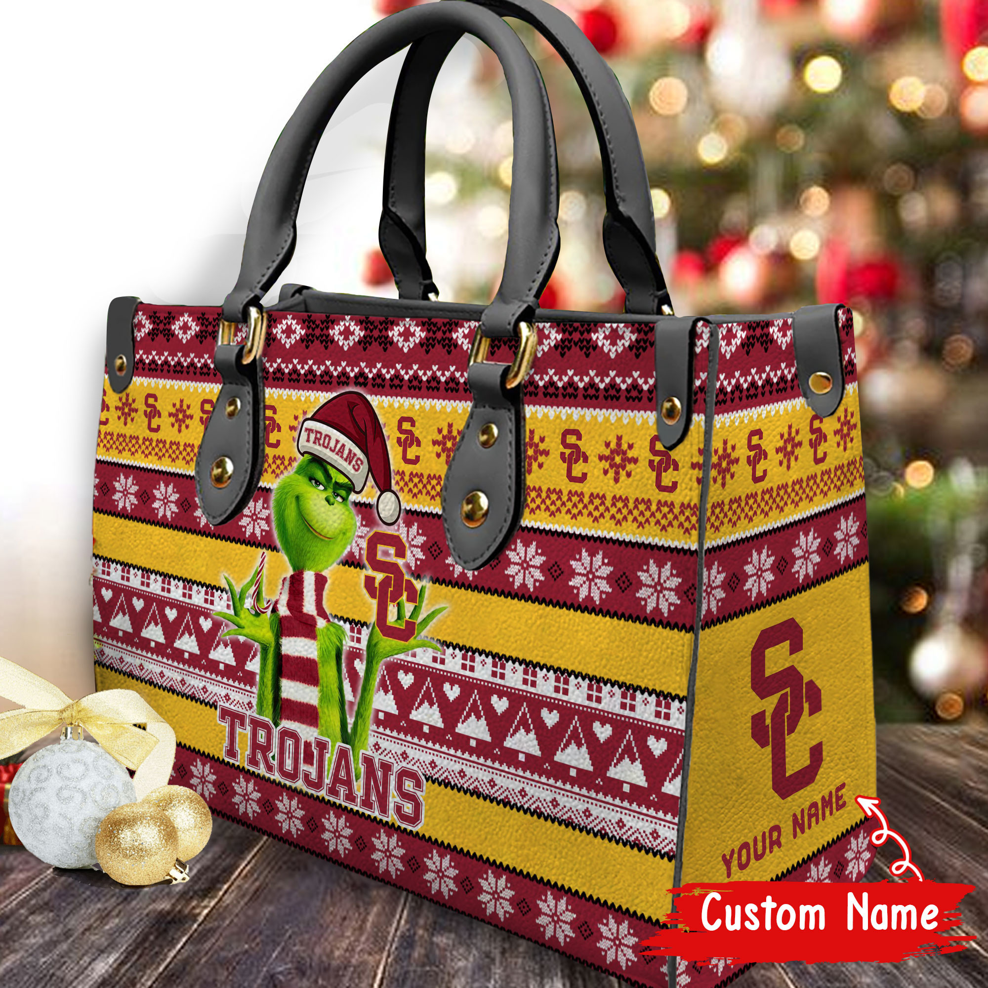 USC Trojans Grinch Christmas Women Leather Hand Bag