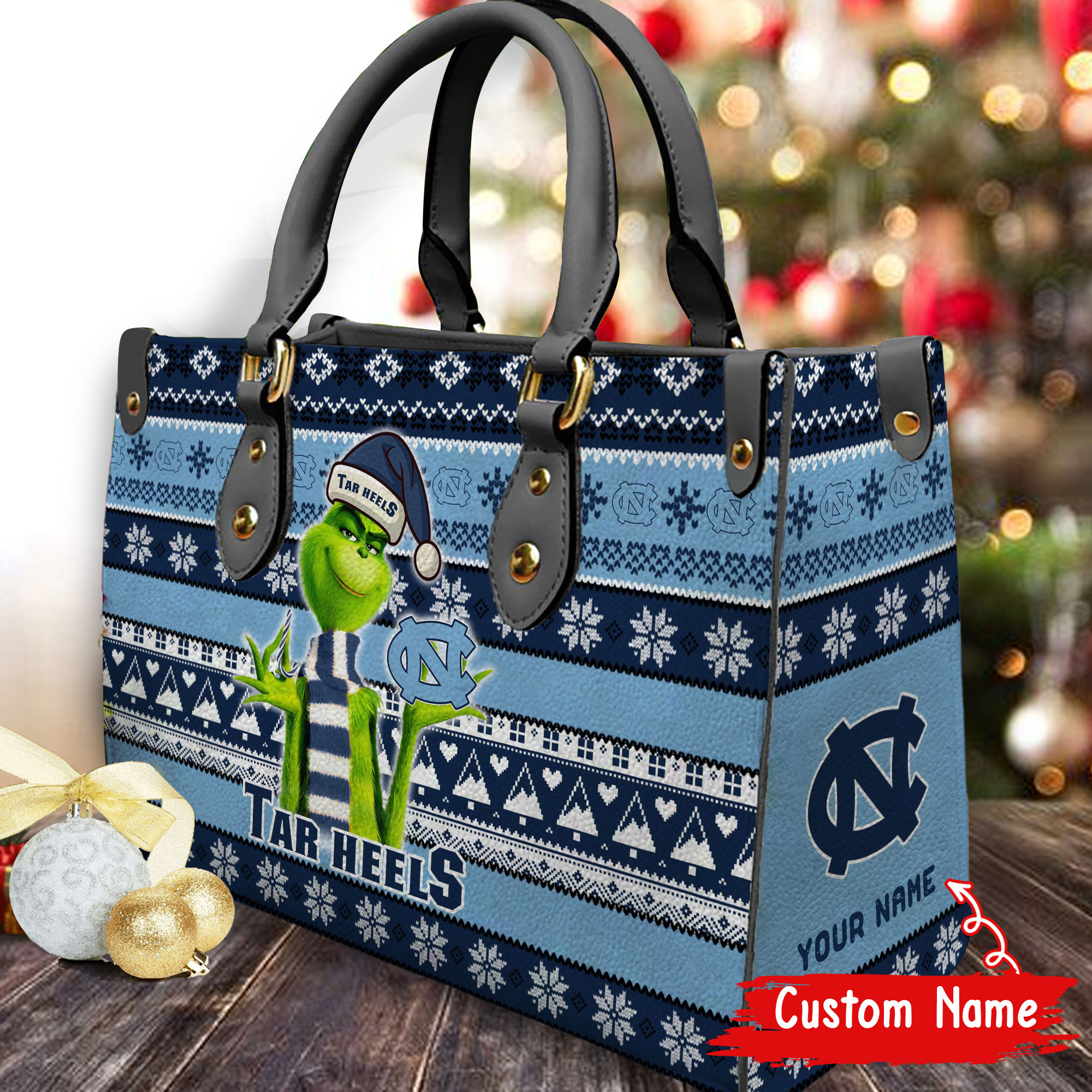 North Carolina Tar Heels Grinch Christmas Women Leather Hand Bag