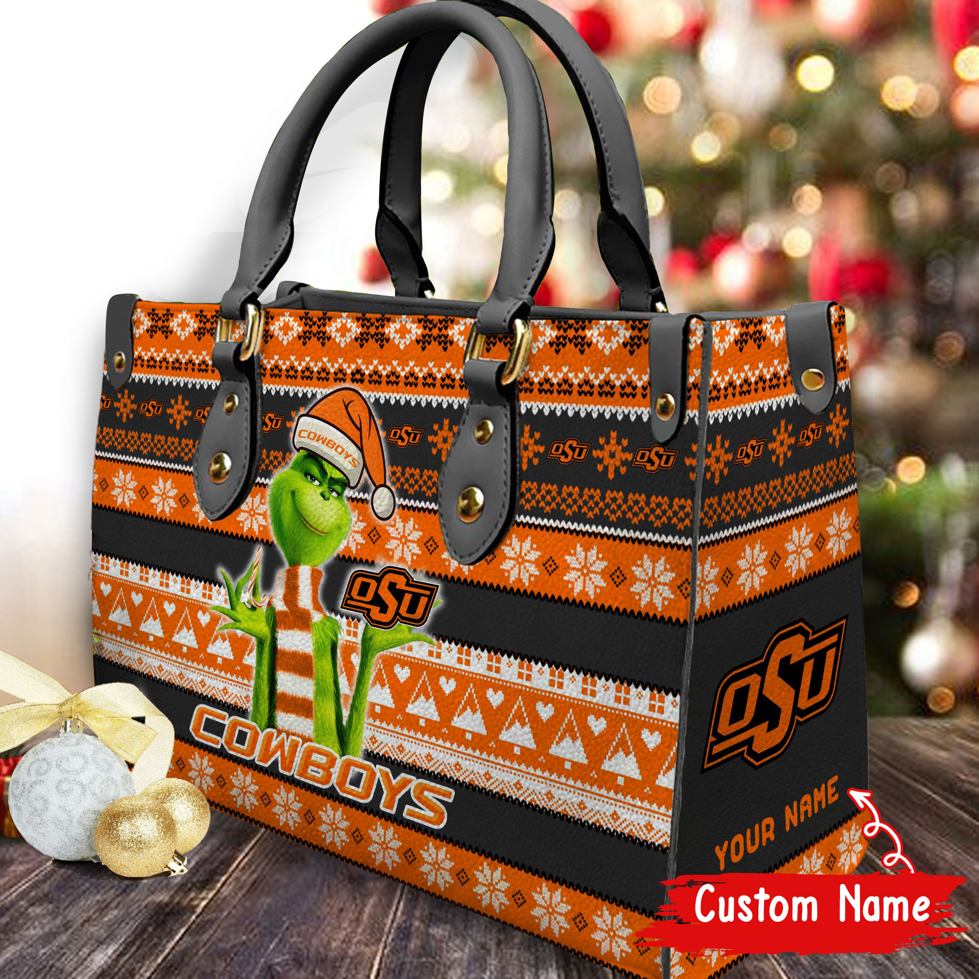 Oklahoma State Cowboys Grinch Christmas Women Leather Hand Bag