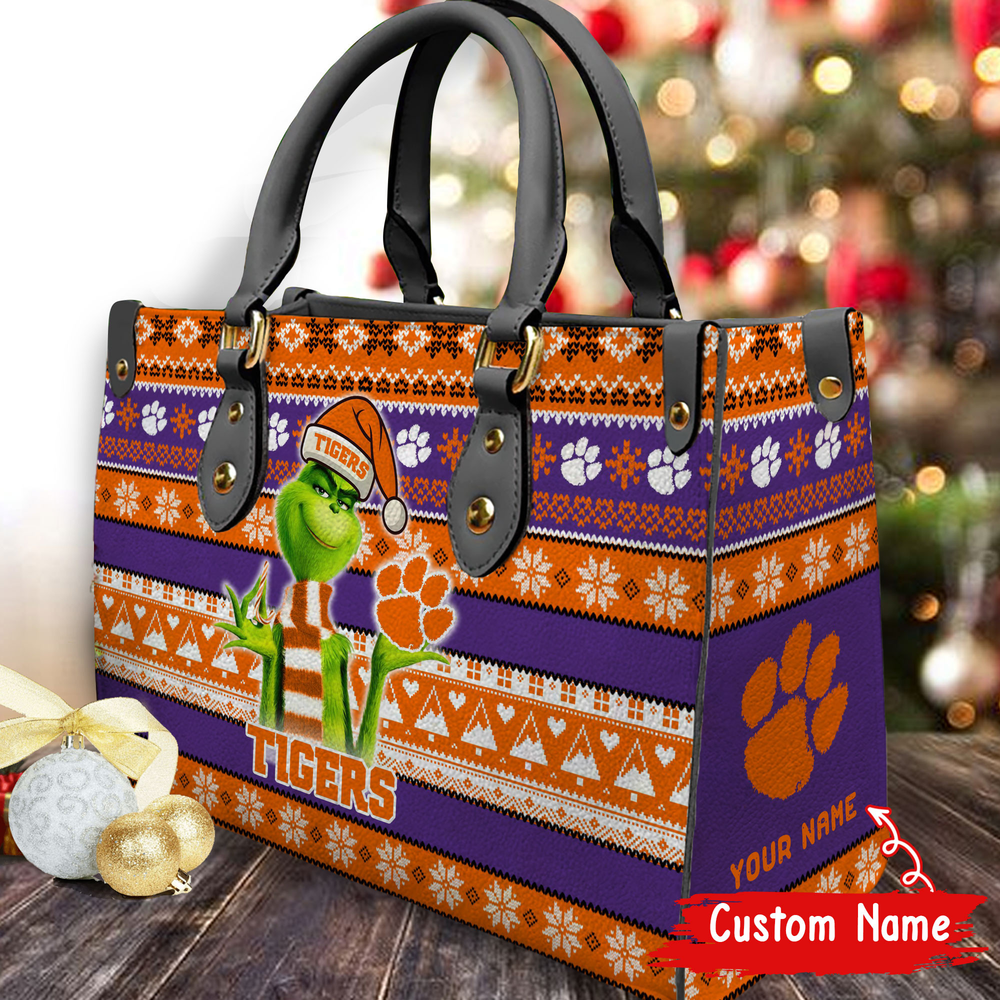 Clemson Tigers Grinch Christmas Women Leather Hand Bag