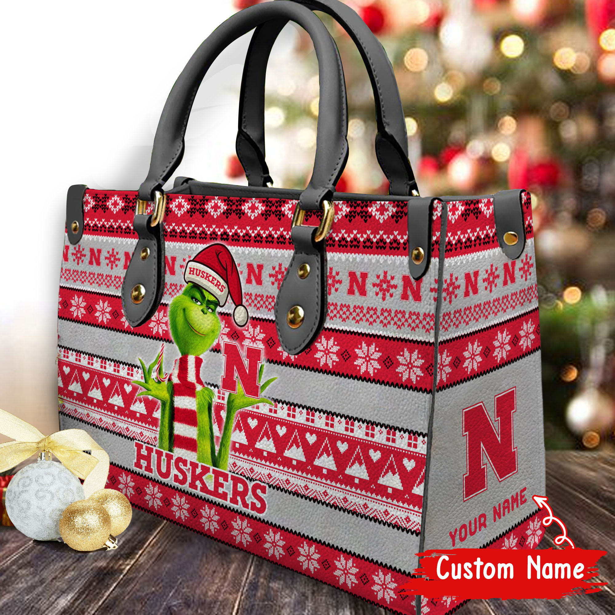 Nebraska Cornhuskers Grinch Christmas Women Leather Hand Bag