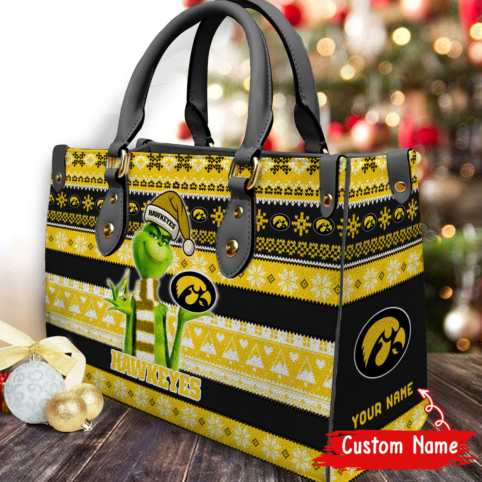 Iowa Hawkeyes Grinch Christmas Women Leather Hand Bag